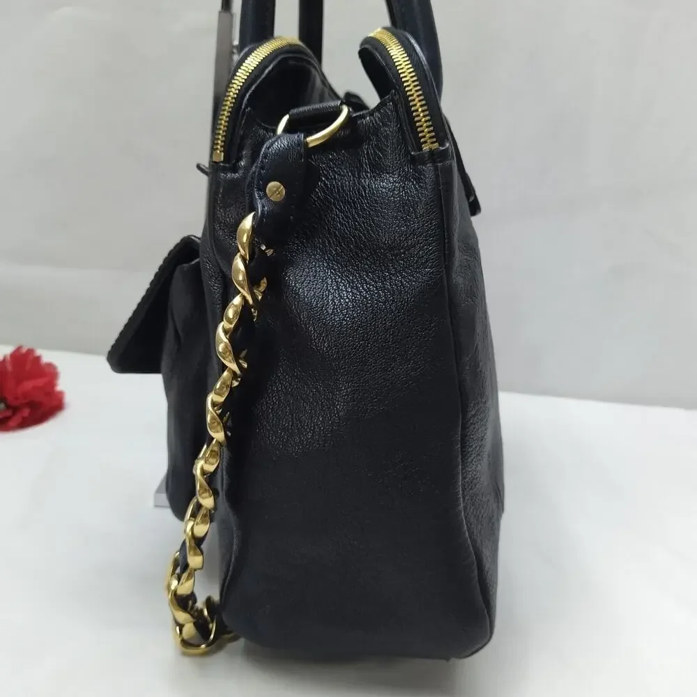Marc Jacobs Black Leather Pocket Chain Strap Double Handle Satchel Shoulder Bag